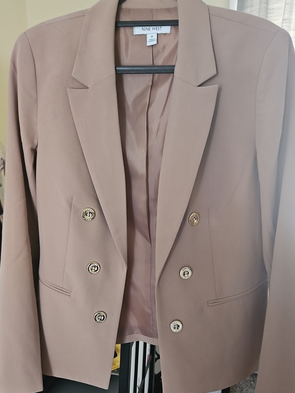 Nine West Taupe Double-Breasted Blazer with Gold Buttons